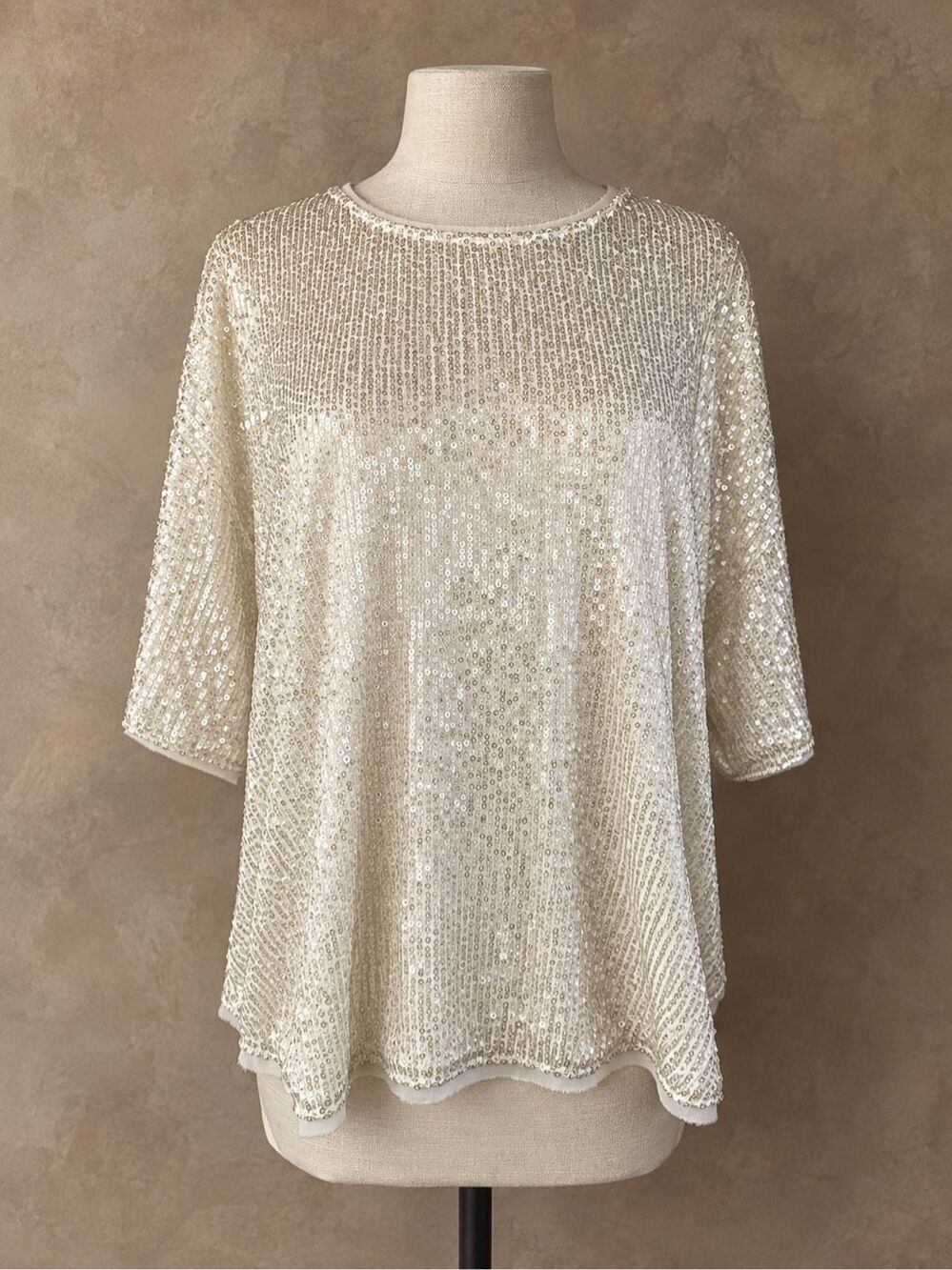 EVEREVE L Sequin Top Ivory Silver Oversized 3/4 Sleeve Party Blouse